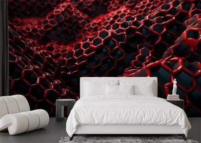 Network connection concept red honeycomb shiny background. Futuristic Abstract Geometric Background Design Made with Generative Space Illustration AI Scy fi Wall mural