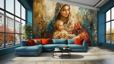 Photo illustration of the Orthodox Mother of God Virgin Mary with the baby biblical picture AI Wall mural