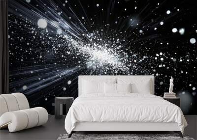 Sparkling silver dots and luminous particles surge outward from the center, creating a captivating explosion of energy in a dark setting, evoking movement and vibrancy. Wall mural