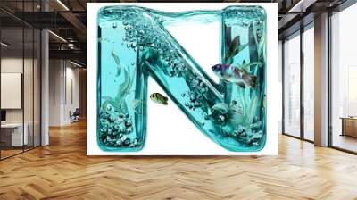 stunning letter N crafted from glass contains a lively aquatic scene, showcasing colorful fish and lush vegetation swimming through sparkling water. Wall mural