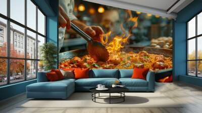 Close up chef is cooking paella in the kitchen of an elegant restaurant, using flames to heat up oil and cooks meat and rice. Restaurant cuisine concept. Wall mural