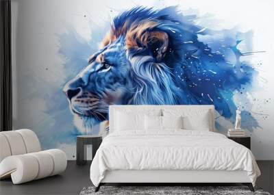 Close up of colorful painted lion face in watercolor. Realistic wild animal illustration. Hand painted on paper, realistic artistic painting on white background. lion with a blue stroke. Wall mural