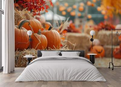 Close-up of orange pumpkins stacked together on haystacks Wall mural