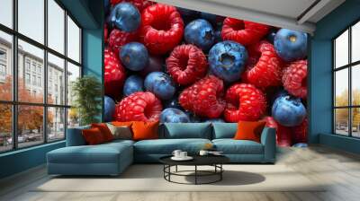 Close-up of ripe and juicy blueberries and raspberries Wall mural