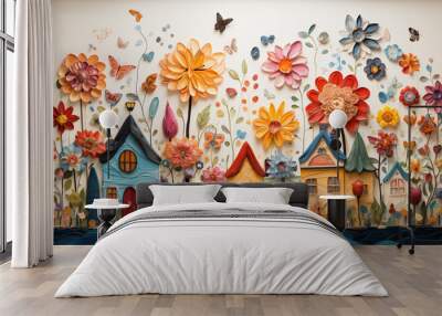 Colorful decorative wall art in the form of houses and flowers. Wall mural