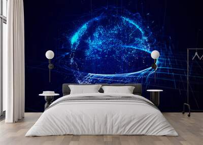 Digital planet earth with particles in cyberspace. The flow of scientific data in the global network. Science and technology futuristic background. Metaverse concept. 3D rendering. Wall mural