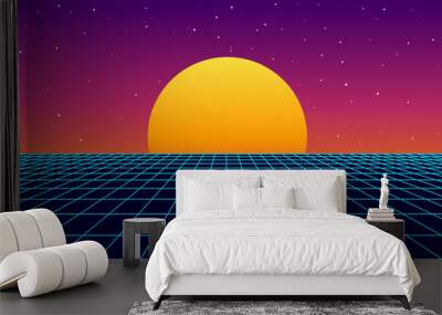 Digital retro landscape in 1980s style. Futuristic perspective grid. 80s Retro Sci-Fi background. Album cover or banner in the style of the 80-90s. Wall mural