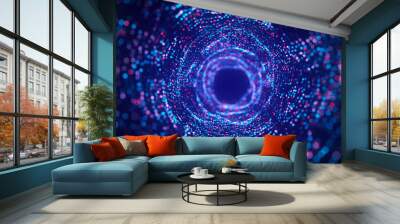 Futuristic dynamic wireframe tunnel on blue background. Digital data flow. Progressive IT technologies. 3d rendering. Wall mural