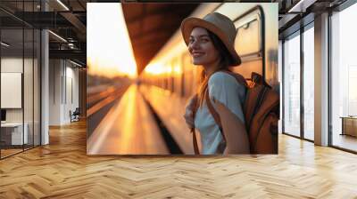 happy young woman in hat and backpack standing on platform of train at station Wall mural