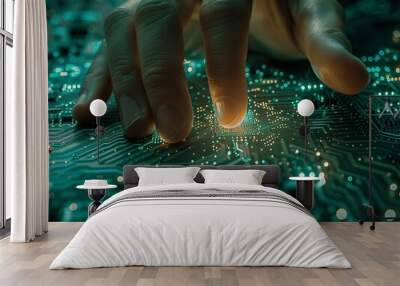 microcircuit board and master's hands. Micro chip. Colored backlight Wall mural