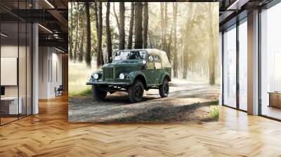 military vehicle SUV in nature. good weather. The car is khaki. A car with big wheels on a bad road. High quality Wall mural