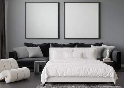 Mock up frames on the wall in a modern luxury minimalist living room with a black velvet sofa Wall mural