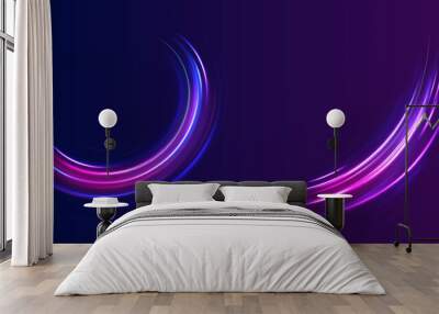 Neon blurred circles in motion. PNG vector light pink and purple lines swirling in a spiral. Orange and yellow luminosity. Abstract neon motion glowing wavy lines.  Wall mural