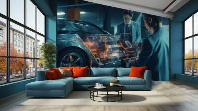 Professional man Engineers interacts with Black Holographic 3D Concept Car wearing Augmented Reality inside High-tech Industrial Facility. Car Chassis Prototype. The Future of Hololens Tech Wall mural