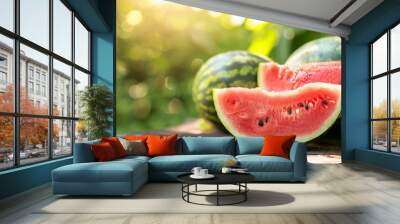 Ripe bright red watermelon on a wooden table Wall mural