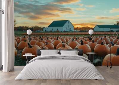 Ripe orange pumpkins in a field at the farm at sunset Wall mural