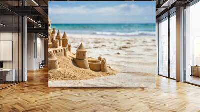 Sandcastle on the sea summer beach on white sand on blue sky background, copy text, banner for text Wall mural