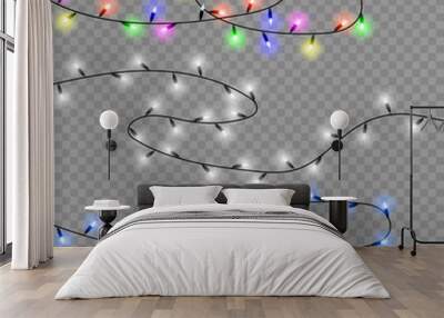 Set of christmas lights isolated realistic design elements. Glowing lights for Xmas Holiday cards, banners, posters, web design. Garlands decorations. Vector illustration. Wall mural