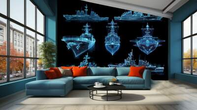 set of ships in blue light on a black background. 3d illustration Wall mural