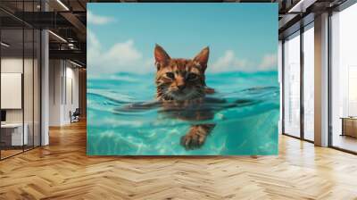 A cute cat swimming in the clear blue sea with the sky and clouds in the background Wall mural