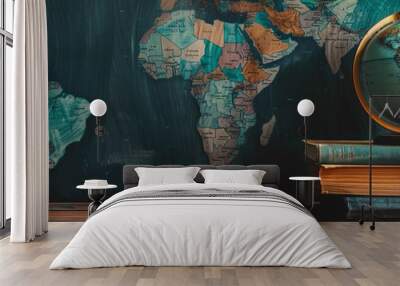 A globe stands on a stack of old books on a wooden desk, with a colorful world map in the background, symbolizing global education and knowledge. Wall mural