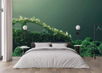 A moss-covered car icon on a green background, emphasizing the concept of environmentally sustainable and eco-friendly transportation. With copy space for text. Wall mural