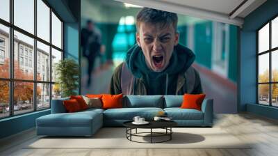 A teenage boy expressing intense anger, shouting with a furious expression in a school hallway, conveying strong emotions. Wall mural