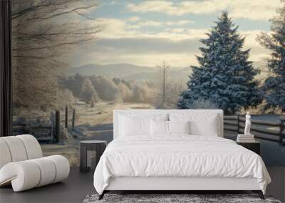 A tranquil winter morning in a snowy landscape with a winding road and trees under a bright sky Wall mural