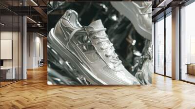 Close-up of a sleek silver sneaker placed on a reflective foil background, highlighting its shiny and modern design Wall mural