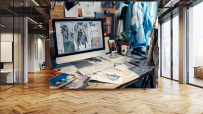 Creative workspace featuring a cluttered desk and computer displaying fashion design sketches in a bright studio setting Wall mural