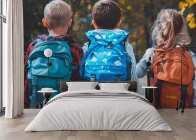 Group of children with colorful backpacks walking together outdoors in autumn, enjoying the seasonal foliage and cool weather, back view Wall mural