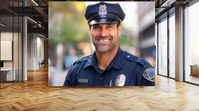 Smiling police officer in uniform on a city street, emphasizing community engagement and public safety. Wall mural