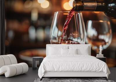 Waiter pouring red wine in a glass in night Wall mural