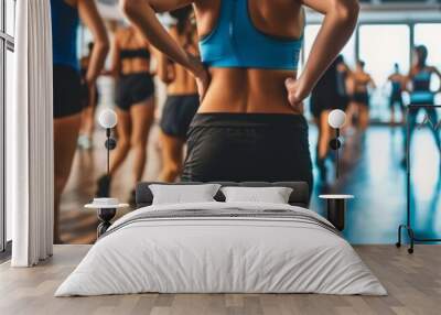 Women participating in a group fitness class, wearing athletic wear, in a gym with a blurred background Wide web banner Wall mural