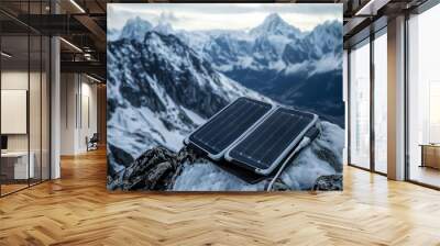 Solar Panel Adventure. Two foldable solar panels charging a device on a snowy mountain peak with a breathtaking view. Wall mural