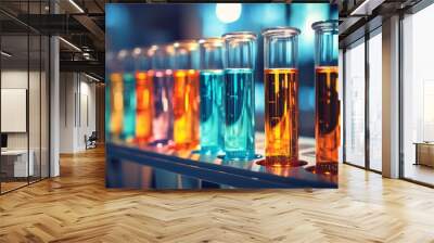 Close-up of test tubes with multicolored liquid. Experiments and scientific experiments.  Wall mural