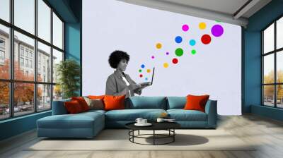 Collage with woman working on a laptop and colorful circles as a symbol of new ideas and creativity in blogging. Wall mural