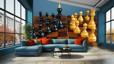 Leader vs boss or manager. Chess kings and pawns on desk. Wall mural