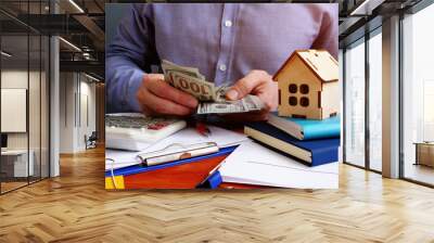 Man is counting money for mortgage or buying home. Wall mural