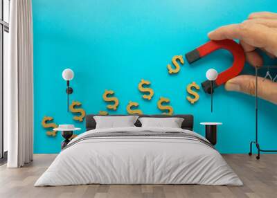 Money attracting concept. Hand holds magnet and dollar symbols. Wall mural