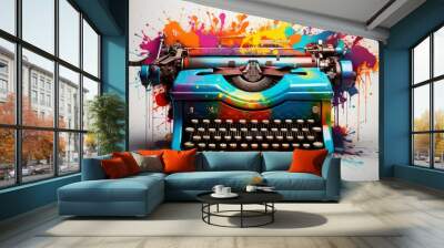 Retro typewriter covered with splashes of colored ink as a symbol of creativity in blogging.   Wall mural