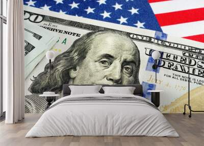 USA flag and dollar bills as symbol of stimulus check of cares act. Wall mural