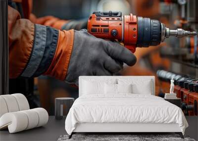 Working with a drill. Close-up of a worker's hand in work gloves holding a red drill. Wall mural