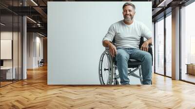 Young man in wheelchair and his wife with Beagle dog at home Wall mural