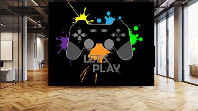 Design for t-shirt joystick on multicolored blots and text lets play Wall mural