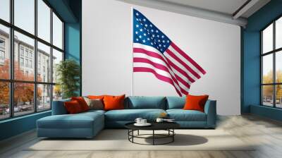 Flags of United States of America on white steel poles isolated on white background. National symbol of USA, silk waving banner with red and white stripes, with stars on blue color. Vector 3d Wall mural