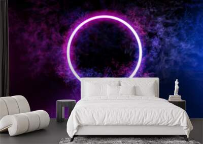 Neon color geometric circle on a dark background. Round mystical portal, luminous line, neon sign. Reflection of blue and pink neon light on the floor. Rays of light in the dark, smoke. Vector. EPS 10 Wall mural