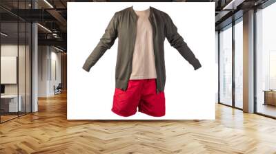 mens bomber jacket, t-shirt and sports shorts isolated on white background. Wall mural