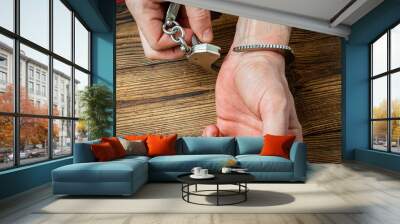 removing handcuffs from hands on a money banknotes background. Wall mural