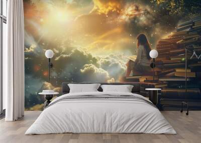 A young woman sitting among books against the backdrop of clouds. Reading, book lover, library, world of dreams and fantasy. Wall mural